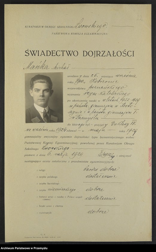 Obraz 9 z kolekcji "Matura - świadectwa dojrzałości w dwudziestoleciu międzywojennym111"