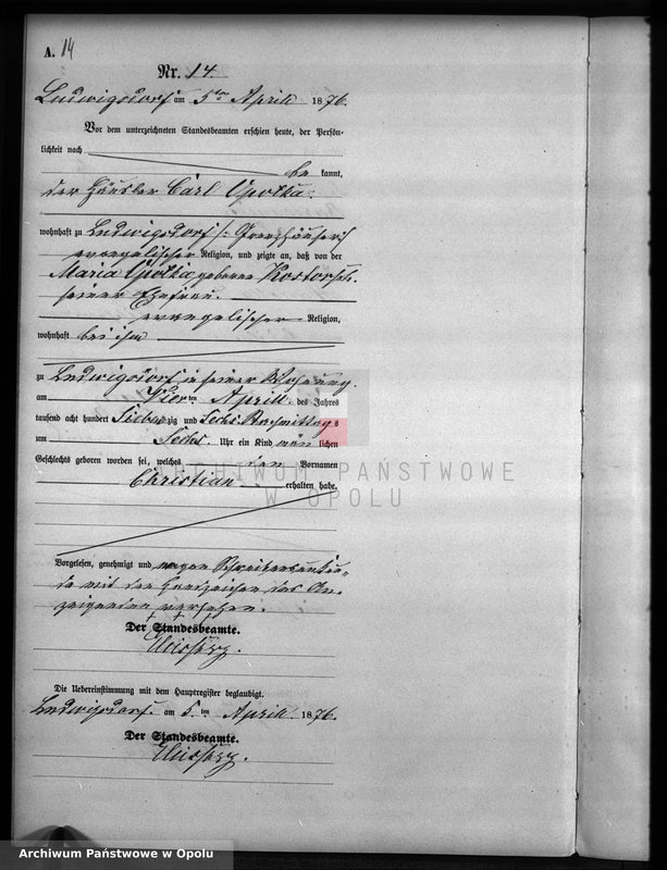 image.from.unit.number "Geburts-Neben-Register Standesamts Ludwigsdorf pro 1876"