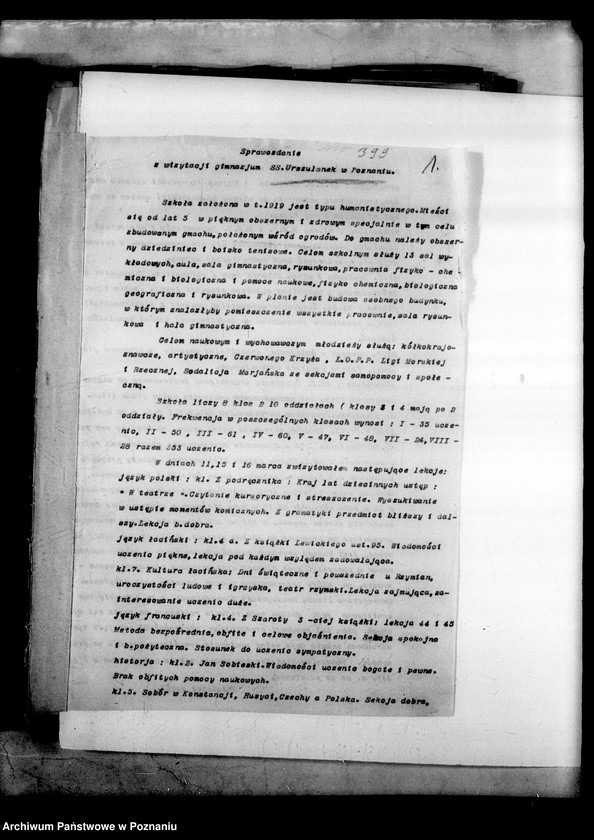 Obraz 5 z jednostki "Prywatne Gimnazjum Żeńskie SS. Urszulanek - Poznań [sprawozdanie z wizytacji i sprawy szkolne]"