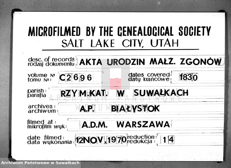 image.from.unit.number "Księga duplikat urodzonych, zaślubionych i zeszłych urzędnika stanu cywilnego, parafij suwalskiej roku 1830"