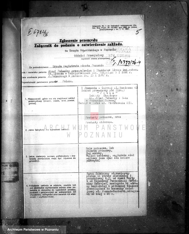 image.from.unit.number "Zatwierdzenie zakładu przemysłowego /zakłady chemiczne Firma Potas w Poznaniu/"