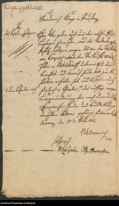 image.from.unit.number "In S. [Sachen] der verwittibten Lieutenantin Sophia Elisabeth von Campier. Den Verkauff ihrer 10 Adelichen Huben in Dietrichsdorff [Wietrzychowo] an den Christoph von Naguschewski"