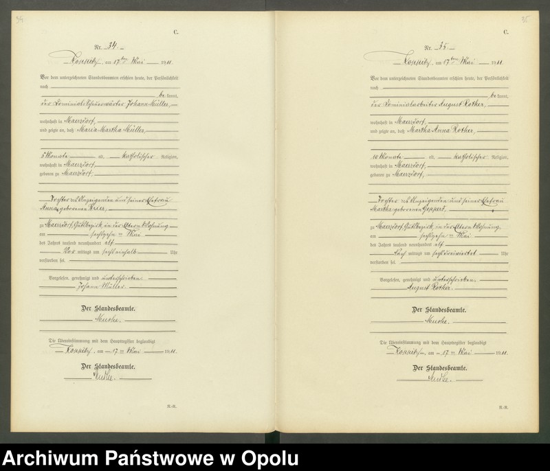 Obraz 20 z jednostki "Sterbe-Register (Neben-Register) Standesamt Koppitz 1911 No. 1 bis 72"