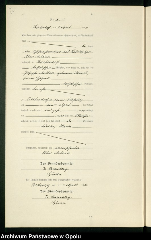 image.from.unit.number "Geburts-Register (Neben-Register) Standesamt Borkendorf 1910 No. 1 bis 60."