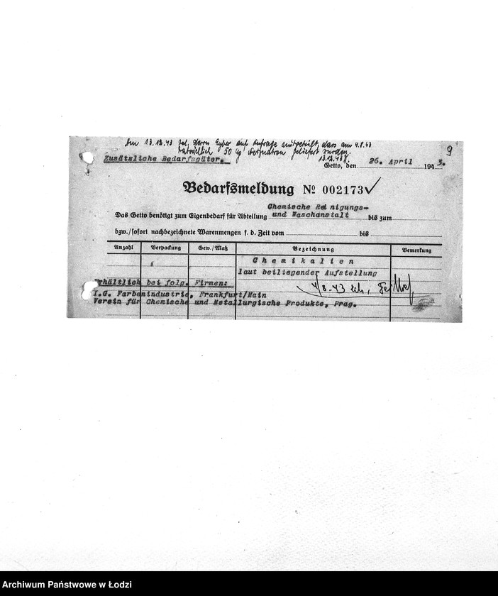 Obraz 12 z jednostki "Bedarfsmeldungen [Skierowane do GV zapotrzebowania na surowce, materiały, narzędzia, maszyny itp. potrzebne resortom pracy do produkcji; zamówienia żywności, lekarstw]"