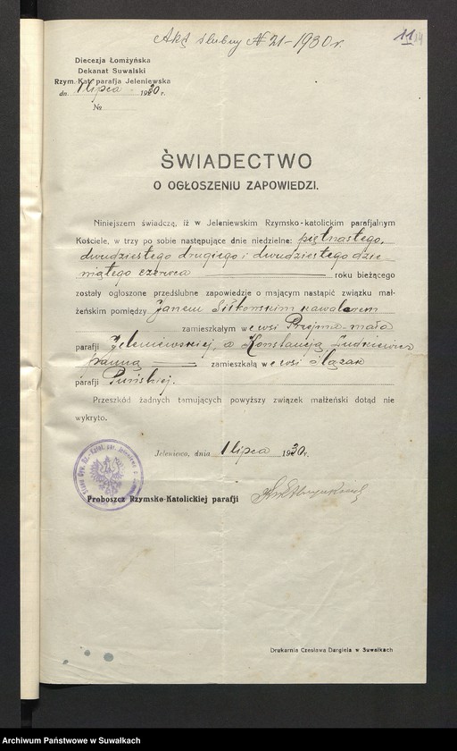 image.from.unit.number "Aneksy do aktów zaślubionych par. Puńsk (pow. Suwalskiego) za rok 1930"