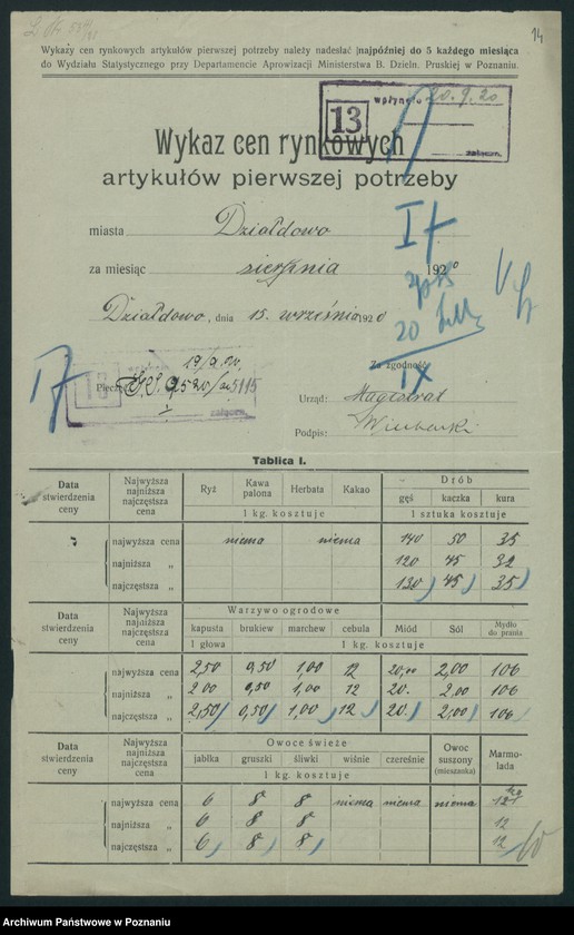 Obraz 15 z jednostki "[Wykaz cen rynkowych artykułów pierwszej potrzeby w poszczególnych miastach Województwa Pomorskiego za miesiąc sierpień 1920 roku]"