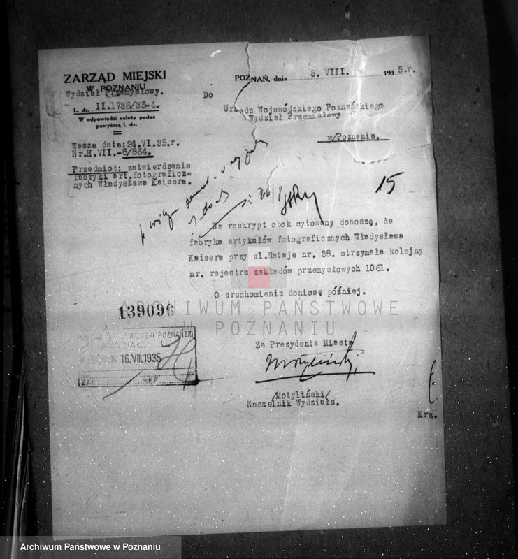 image.from.unit.number "Zatwierdzenie zakładu przemysłowego /wytwórni papirusu i płyt światłoczułych/ własność Kaiser Poznań Rataje"