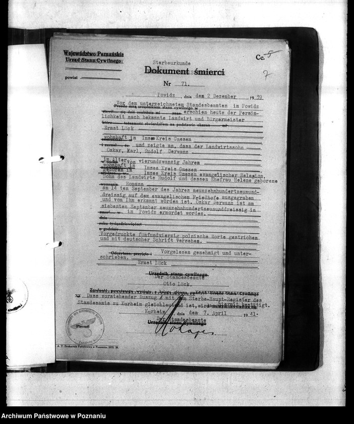 Obraz 11 z jednostki "Kreis Gnesen (Gniezno). Wykazy miejscowych Niemców, którzy zginęli w 1939 roku"