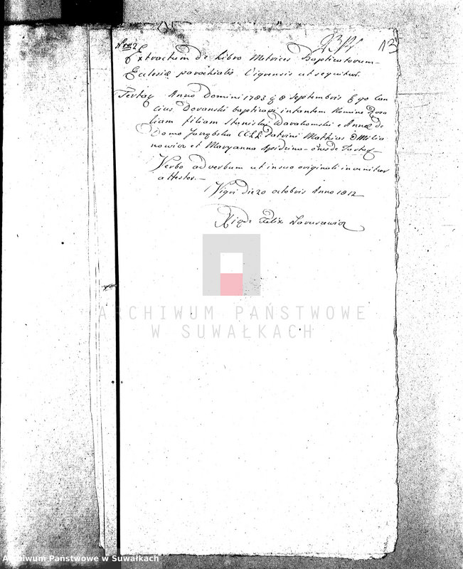 image.from.unit.number "Dowody do Akt Małżeństw Gminy Wigierskiey od dnia 1 Maja 1812 Roku do dnia ostatniego kwietnia 1813 Roku."