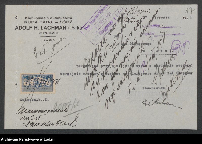 Obraz 19 z jednostki "Adolf Hugon Lachman i S-ka- komunikacja autobusowa Łódź- Ruda Pabianicka"