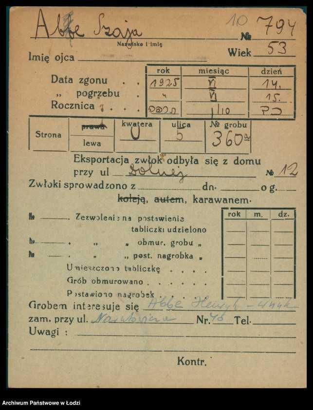 Obraz 11 z jednostki "Kartoteka osób pochowanych na cmentarzu żydowskim przy ulicy Brackiej w latach 1892-1959. Nazwiska na literę A"