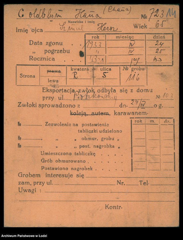 Obraz 15 z jednostki "Kartoteka osób pochowanych na cmentarzu żydowskim przy ulicy Brackiej w latach 1892-1954. Nazwiska na litery: Goldbl-Goldsz"