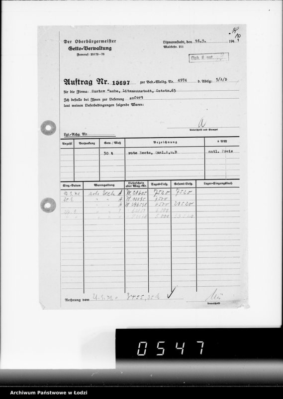 Obraz 14 z jednostki "Aufträge 5734-10700 [Faktury, listy przewozowe na dostarczone dla Getta produkty żywnościowe, materiały opałowe, przemysłowe]"