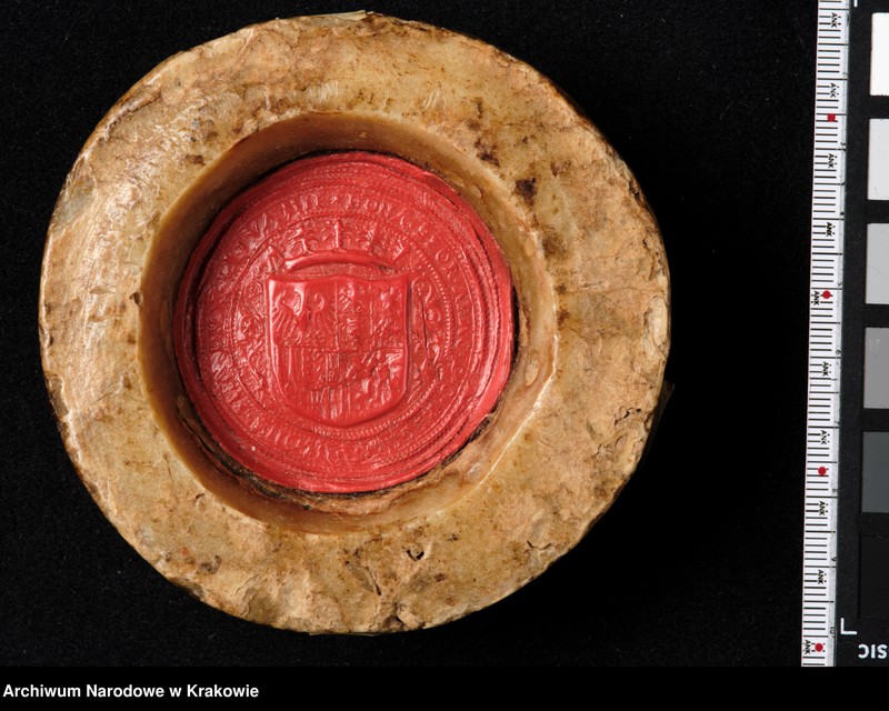 image.from.unit.number "Bona Sforza. Królowa Polski, Wielka Księżna Litewska. W polu pieczęci ukoronowana tarcza czteropolowa z herbami: polskim (prawe górne pole), Wąż Sforzów i Orzeł (lewe górne), herb mediolański i aragoński (prawe dolne), Pogoń (lewe dolne) tarczę otaczającą elementy roślinne. Otok ujęty w sznury perełek z napisem kapitalnym, renesansowym: BONA SFOR[TIA] ARAG[ONIA] D[EI] G[RATIA] REGINA POLONIE MAG[NA] DVX LITVANIE"