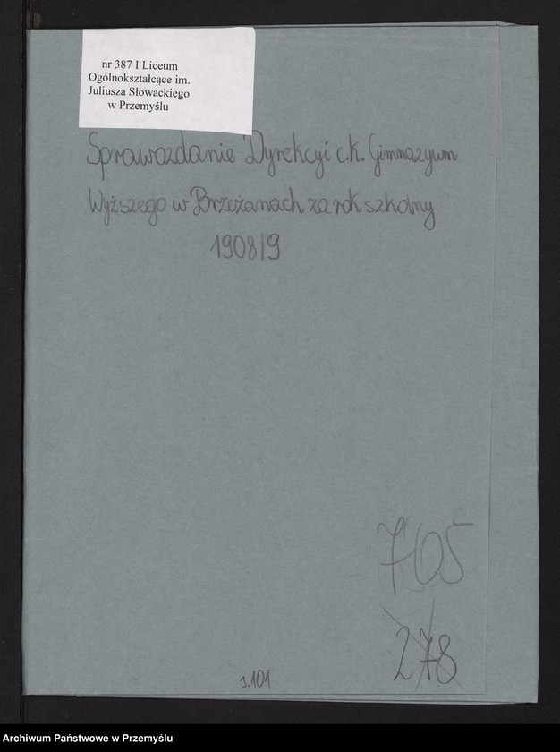 image.from.unit.number "Sprawozdanie Dyrekcji c.k. Gimnazjum Wyższego w Brzeżanach za rok szkolny 1908/9"