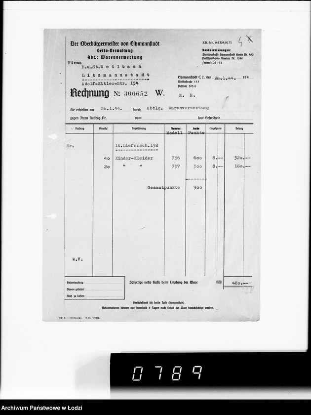 Obraz 8 z jednostki "F-ma St.Weilbach Litzmannstadt V Warenverwertung an den Juden Ältesten. Kinder-Kleider, Teppiche, Brücken"