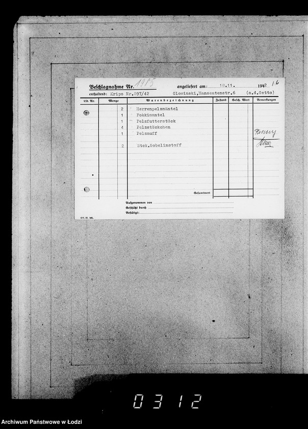 Obraz 20 z jednostki "Kripo 1801-2000 [Kartoteka skonfiskowanego majątku ruchomego u Żydów]"