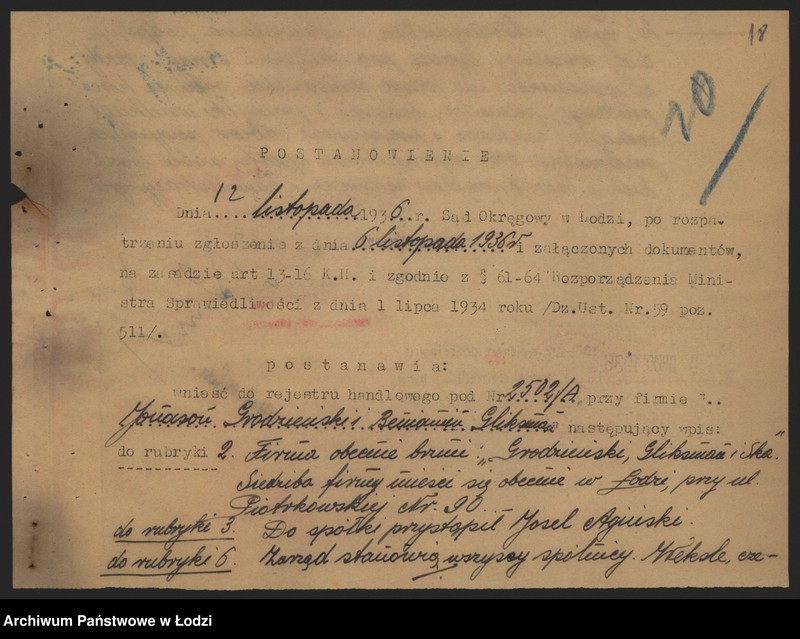 Obraz 20 z jednostki "Jonason Grodzieński i Benjamin Gliksman – fabrykacja i sprzedaż towarów włóknistych"