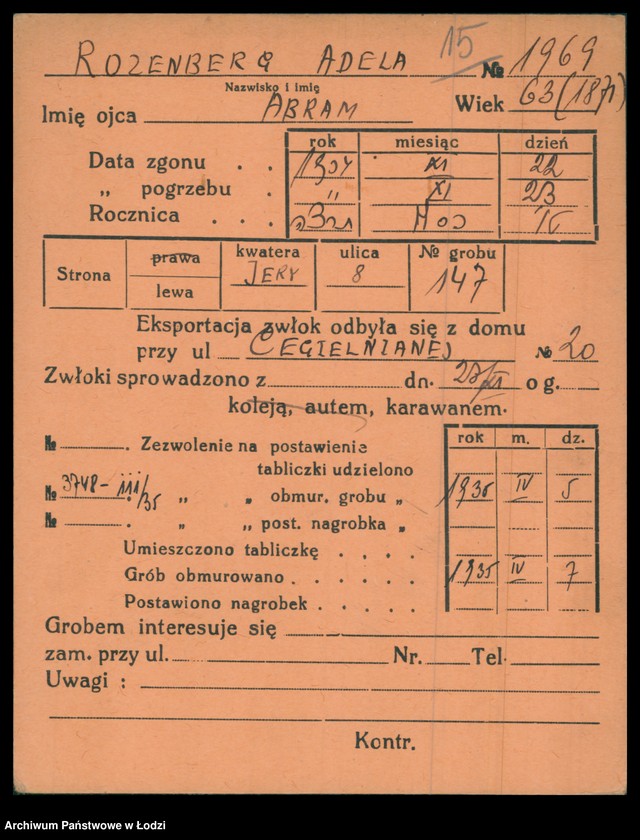 Obraz 16 z jednostki "Kartoteka osób pochowanych na cmentarzu żydowskim przy ulicy Brackiej w latach 1892-1954. Nazwiska na litery: Rozenbe-Rozenf"