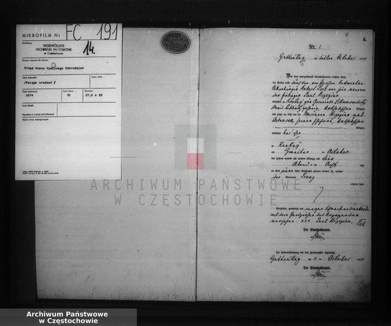 image.from.unit.number "Geburts - Neben Register der Standesamt Guttentag für der Jahre 1874."