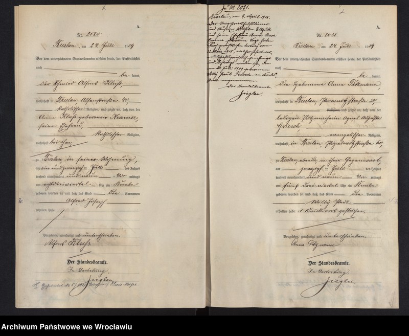 image.from.unit.number "Geburts-Haupt-Register Breslau I 1909 Band 6"