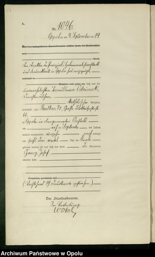 Obraz 18 z jednostki "Urząd Stanu Cywilnego Opole Księga Urodzeń Rok 1914 1034-1493"