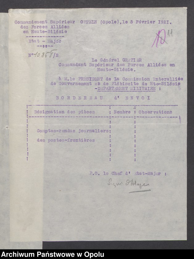 Obraz 13 z jednostki "Sorties /Korespondencja własna wychodząca - pisma, zarządzenia/ 1.02.1921 - 14.04.1921"
