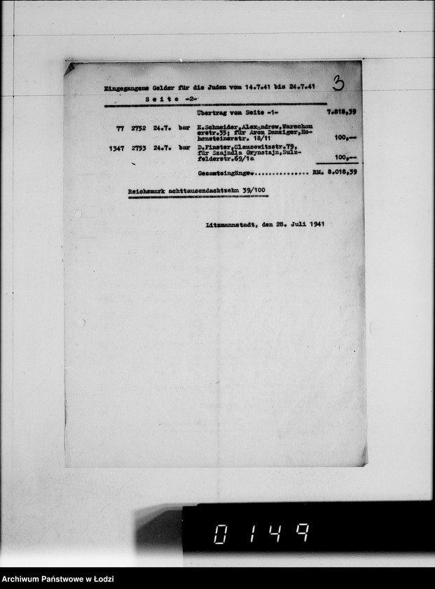 Obraz 7 z jednostki "Gutschriftsanzeigen für die Judengemeinschaft im Getto Litzmannstadt Nr 000001"