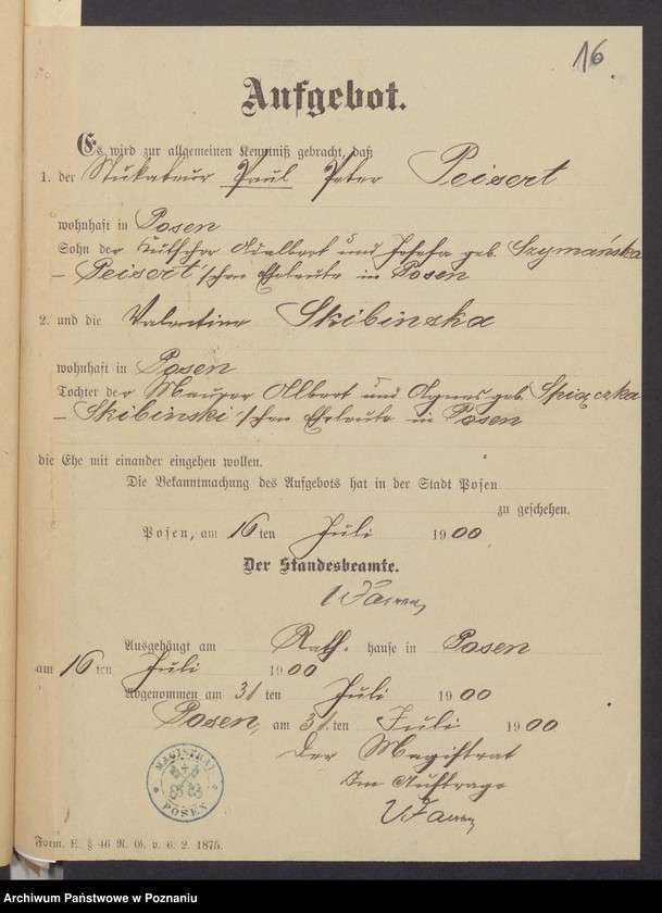 Obraz 17 z jednostki "Die von den Verlobten beigebrachten Urkunden zur Eheschliessung pro 1900"