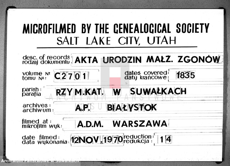 image.from.unit.number "Księga duplikat urodzonych, zaślubionych i umarłych urzędnika stanu cywilnego, parafii suwalskiey na rok 1835"