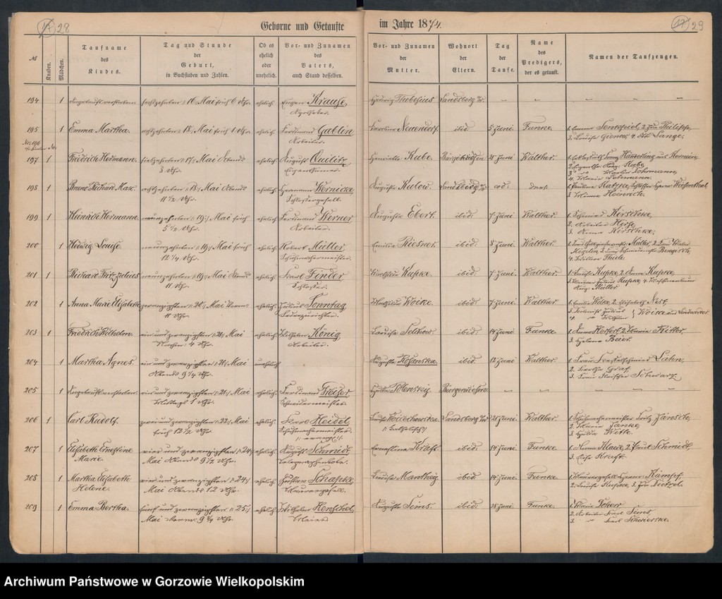 image.from.unit.number "Duplikate der Hauptkirche Landsberg an der Warthe (zawiera także Concordienkirchen-Gemeinde in Verbindung mit der reformirten und Militair-Gemeinde dotyczących zgonów w 1874 r.)"