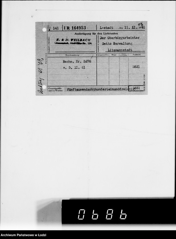 Obraz 17 z jednostki "F-ma St.Weilbach Litzmannstadt II Warenverwertung an den Juden Ältesten. 300 Stck.Teppiche"
