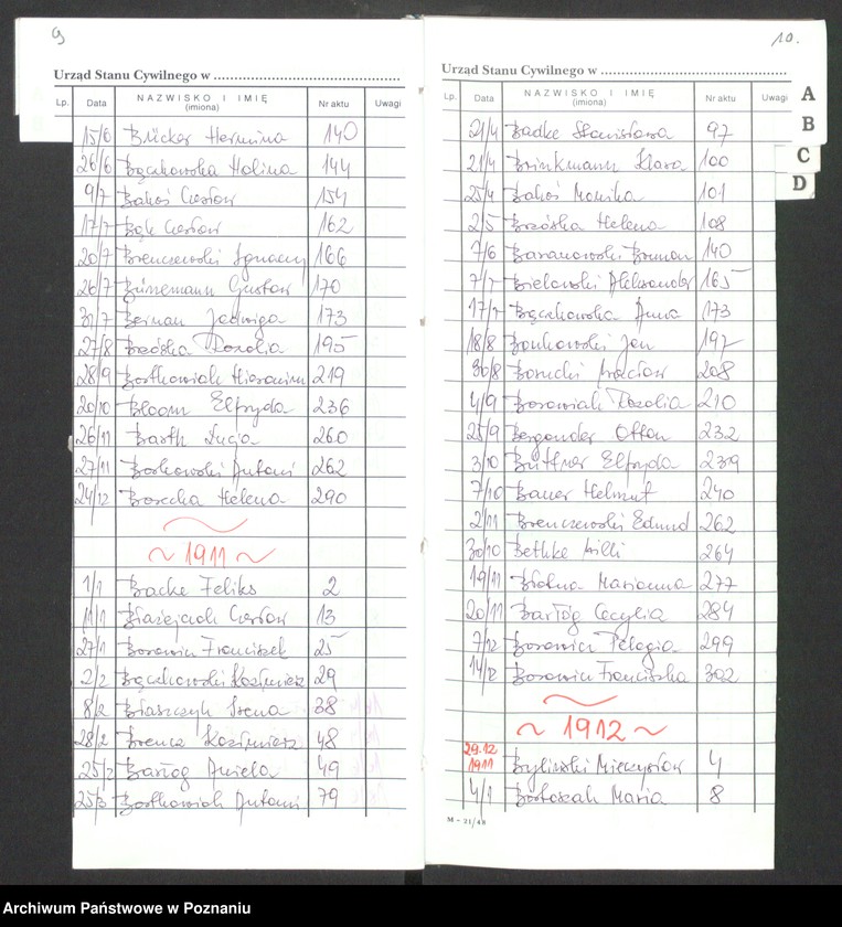 Obraz 8 z jednostki "[Skorowidz alfabetyczny do akt urodzeń za lata 1905-1912]"