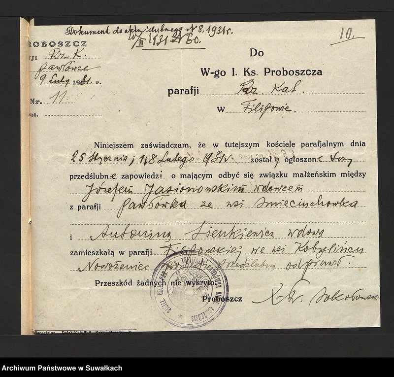 Obraz 12 z jednostki "Dokumenty przedstawione do ślubnych aktów roku 1931 w parafji rzymsko-katolickiej Filipów powiatu suwalskiego."