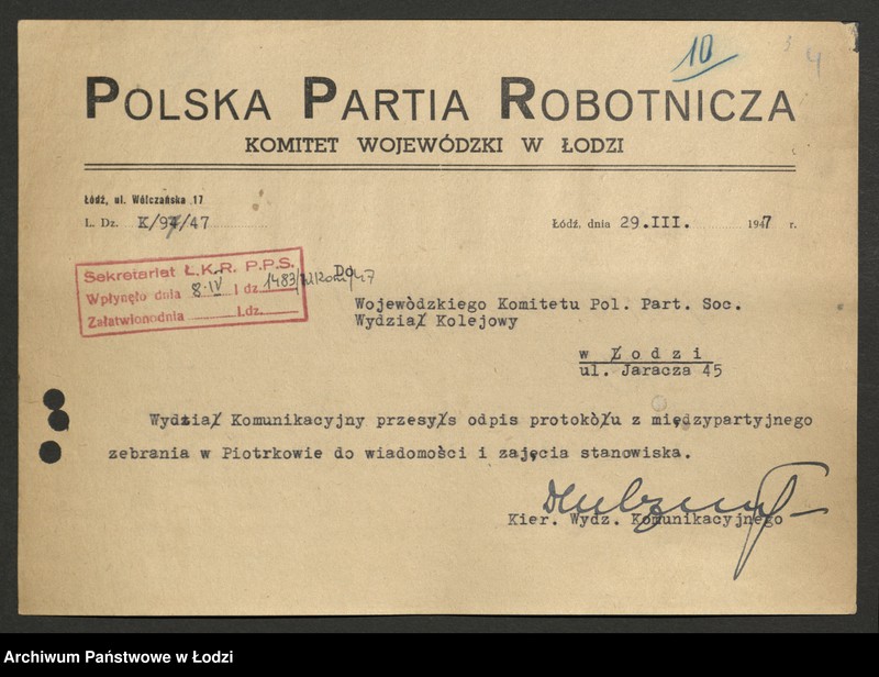 Obraz 5 z jednostki "Korespondencja [z Wydziałem Kolejowym KC]"