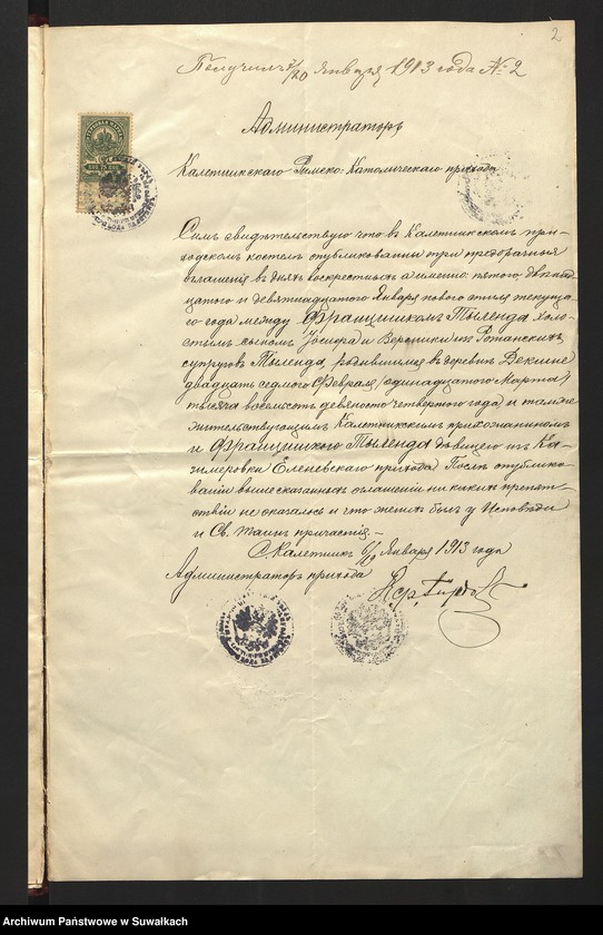 Obraz 4 z jednostki "Dokumenty do aktów ślubnych parafji [rzymskokatolickiej] Jeleniewskiej za 1913 rok"