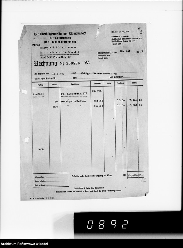 Obraz 6 z jednostki "Auftrag 592 Warenverwertung von den Judenältesten für Eugen Althausen Litzmannstadt"