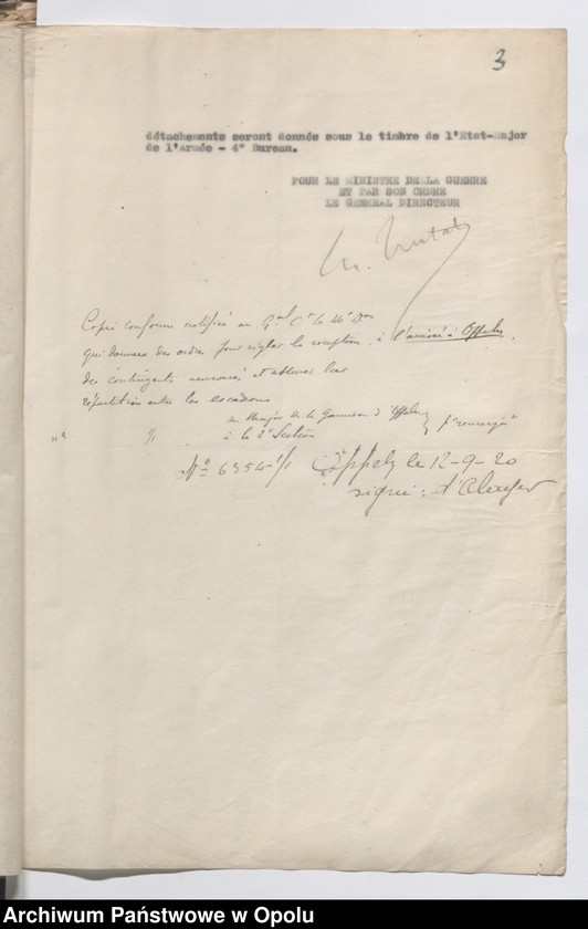Obraz 6 z jednostki "Recrutement-Effectifs-Renforts-Situations /Korespondencja dotycząca uzupełnień, demobilizacja, wzmocnienie stanów liczebnych oddziałów/ 3.09.1920"