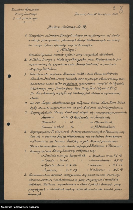 Obraz 11 z jednostki "/Rozkazy dzienne Straży Ludowej byłego Zaboru Pruskiego, przemianowanej następnie na wojsko "Obrony Kraju"/."