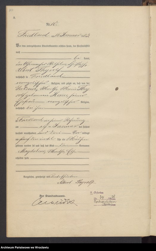 image.from.unit.number "Księga urodzeń USC Mieroszów (Friedland) 1903"