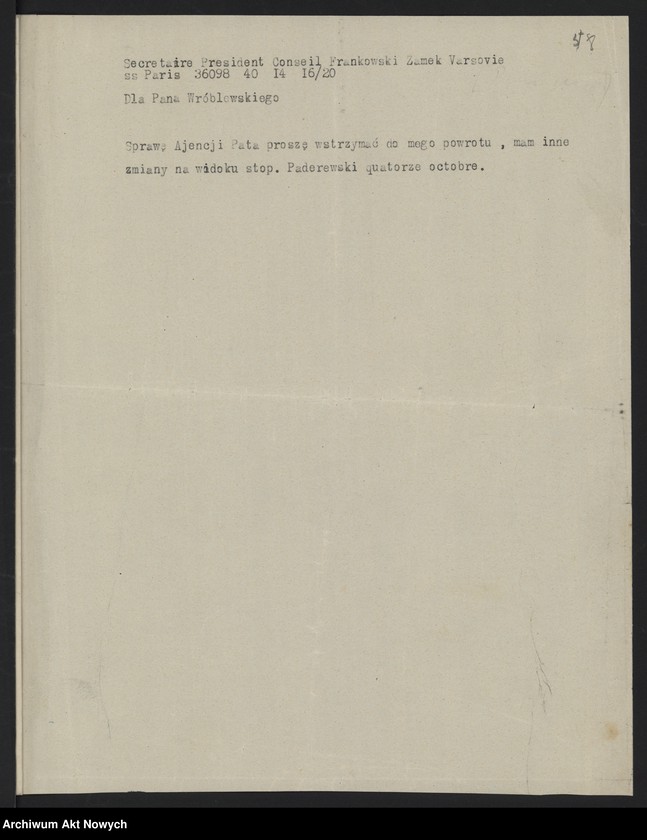 image.from.unit.number "Materiały w sprawie utworzenia Polskiej Agencji Telegraficznej. Memoriały, korespondencja"