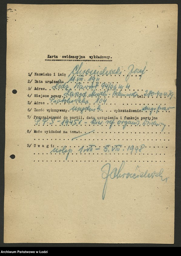 Obraz 11 z jednostki "Karty ewidencyjne wykładowców szkoły partyjnej /A-Z/"