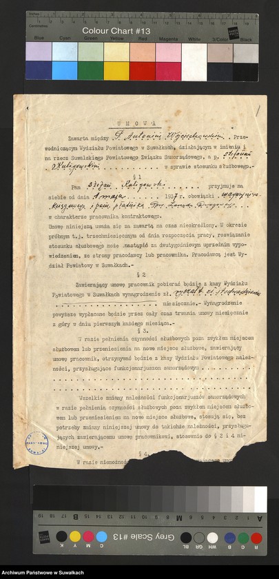 image.from.unit.number "[Umowa o pracę zawarta przez przedstawiciela Wydziału Państwowego w Suwałkach ze Stefanem Kuligowskim]"
