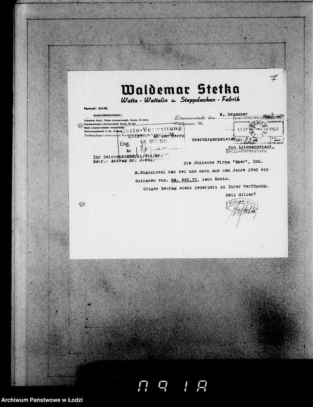 Obraz 11 z jednostki "J.841-860 [Wnioski Żydów z Getta o zwrot należności za prace lub towar wzięty na kredyt]"