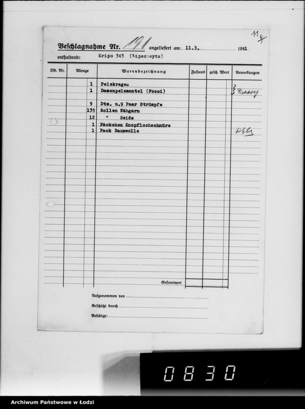 Obraz 15 z jednostki "Kripo.Unterlagen 1-199 [Kartoteka skonfiskowanego majątku ruchomego u Żydów]"