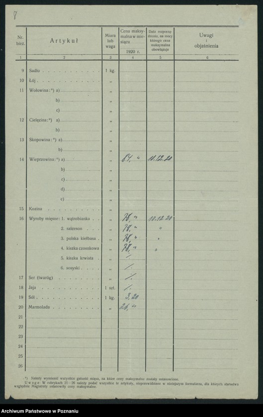 Obraz 10 z jednostki "[Wykazy urzędowo ustanowionych cen maksymalnych na artykuły pierwszej potrzeby na terenie Województwa Poznańskiego za miesiąc grudzień 1920 roku]"