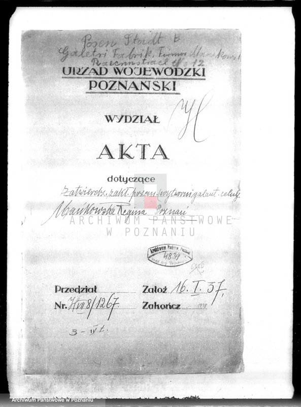 Obraz 4 z jednostki "Zatwierdzenie zakładu przemysłowego /wytwórni galanterii celuloidowej/ Mańkowskiej Reginy w Poznaniu"