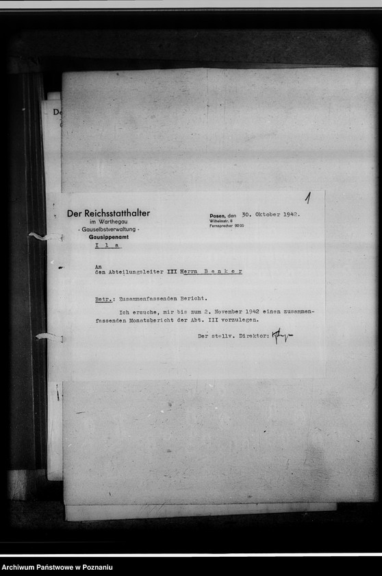 Obraz 5 z jednostki "[Sprawozdanie z podróży służbowej pracowników Gausippenamt w Poznaniu dotyczące zajętych ksiąg kościelnych, archiwów kościelnych oraz działalności powiatowych urzędów do spraw genealogicznych i Urzędu do Spraw Genealogicznych w Poznaniu]"