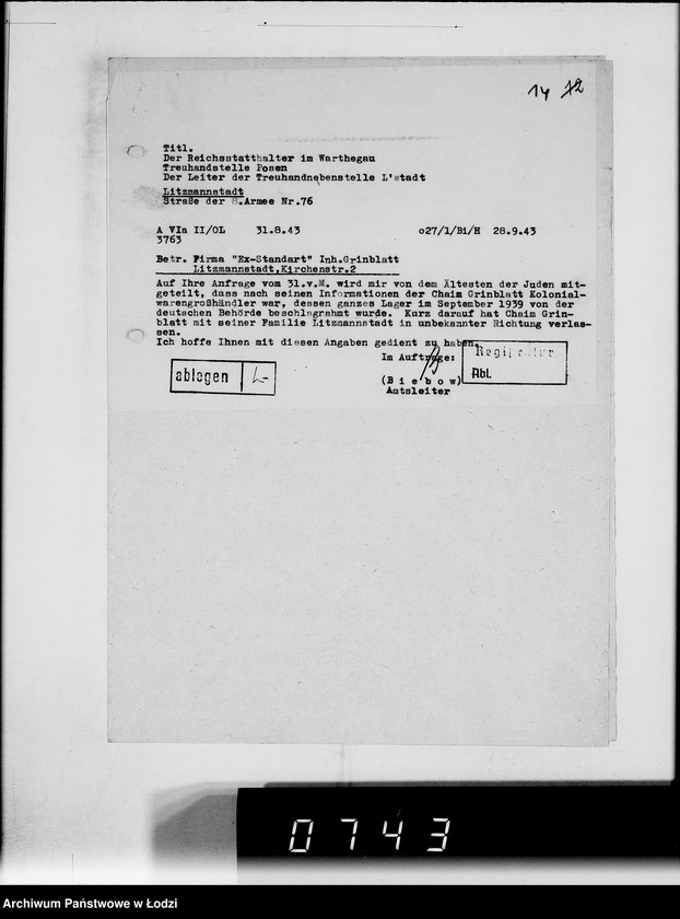 Obraz 19 z jednostki "Hauptreühandstelle Ost.[Korespondencja w sprawach majątkowych, podatkowych i należności finansowch]"